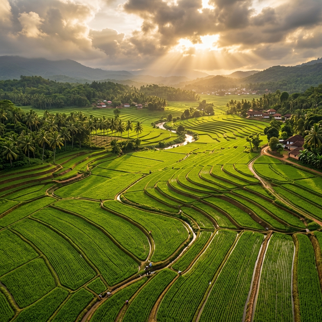 Lush green rice paddy fields
